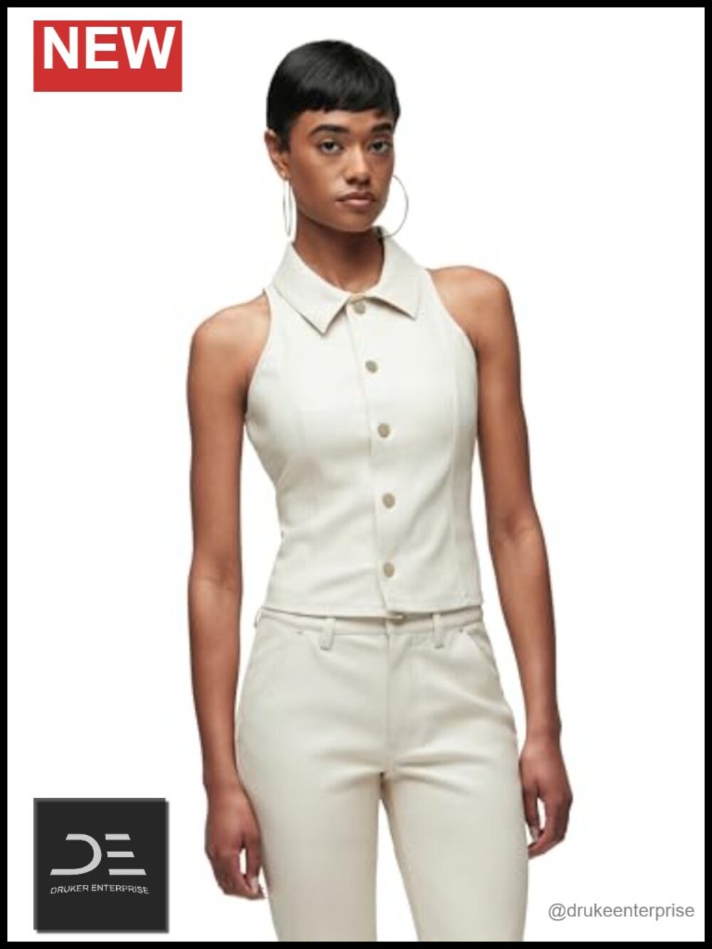 Women's Vegan Leather Pointed Collar Button-Up Halter Vest Top, Sleeveless